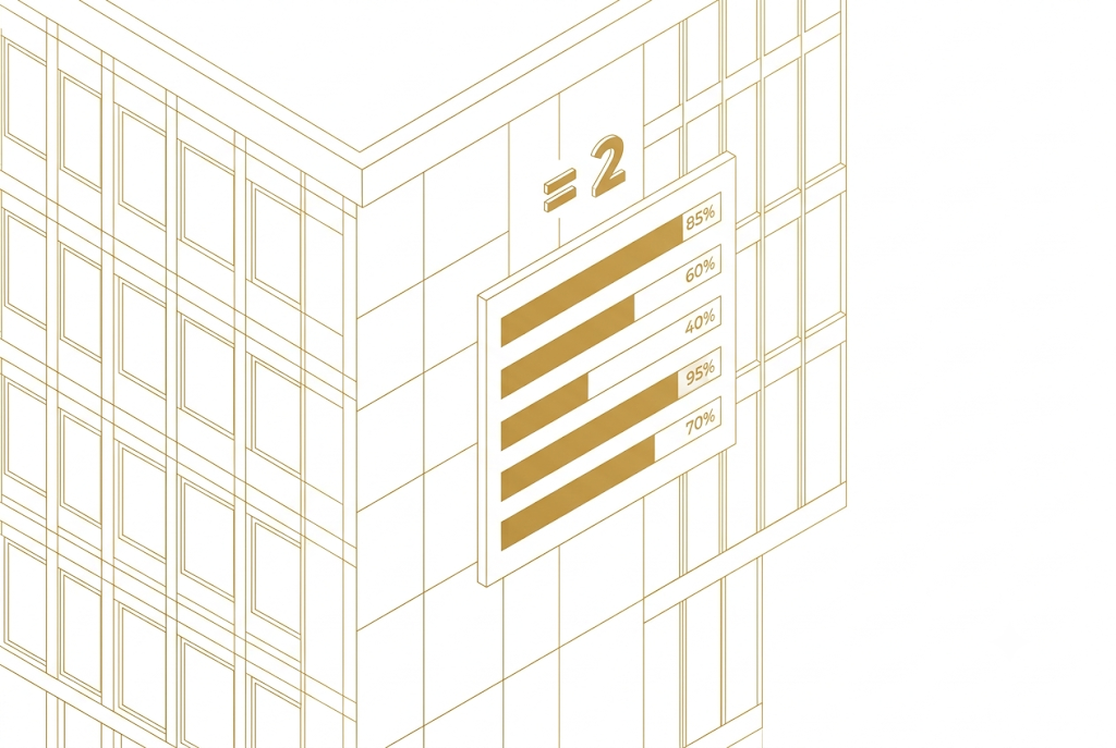 Architectural line drawing of a tall building. A single window carries the 2SRep mark: two equals signs stacked with a golden 2, framed by three horizontal gold bars — a small window into a fair labor market.