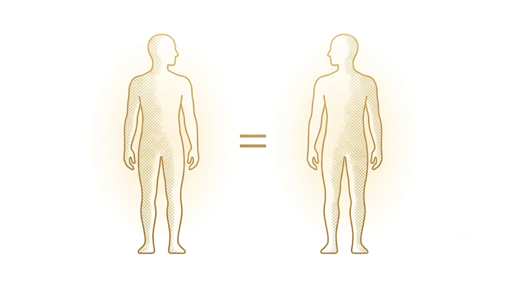Two human figures rendered in warm gold linework, standing equal on either side of a gold equals sign. The visual thesis of two-sided reputation.